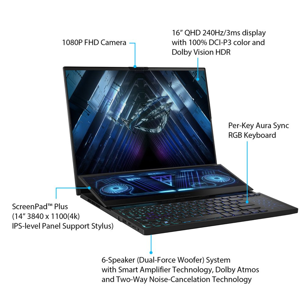ROG Zephyrus Duo 16 Gaming Laptop, 16” Mini LED 240Hz/3Ms, QHD 16:10, NVIDIA Geforce RTX 4090, AMD Ryzen 9 7945HX, 32GB DDR5, 2TB SSD, Windows 11 Pro, GX650PY-XS97